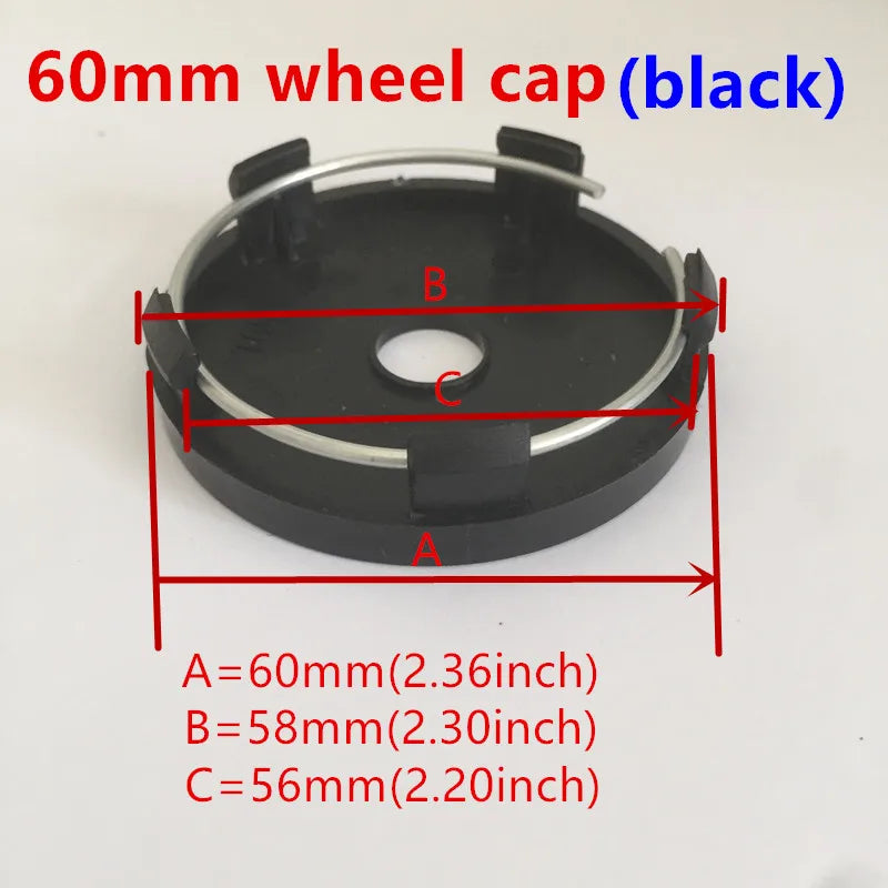 Black 60mm wheel cap showing dimensions A=60mm, B=58mm, and C=56mm