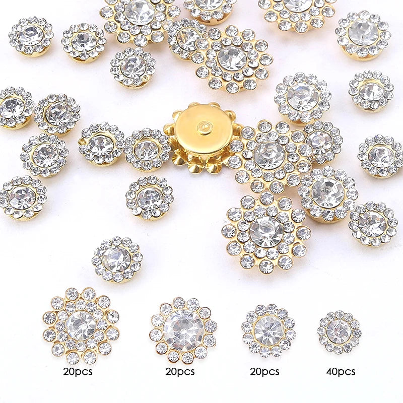 A collection of gold and silver crystal glass sunflower claw rhinestones for sewing.