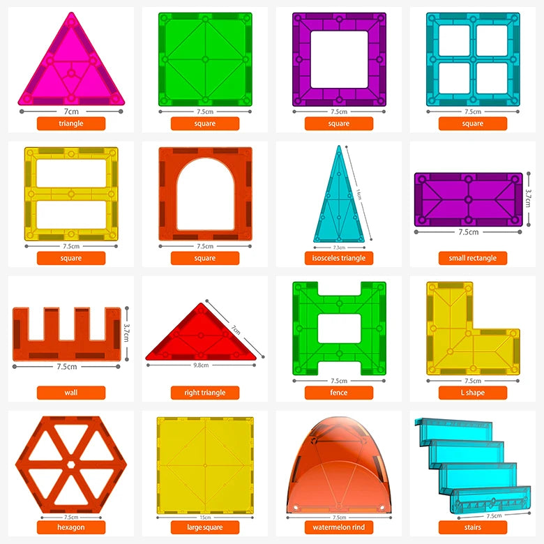 A set of magnetic building blocks in various shapes and colors including triangles, squares, rectangles, and other geometric 