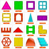 A set of magnetic building blocks in various shapes and colors including triangles, squares, rectangles, and other geometric 