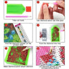 A step-by-step guide showing how to make a diamond painting by using tools and glue on a cloth.