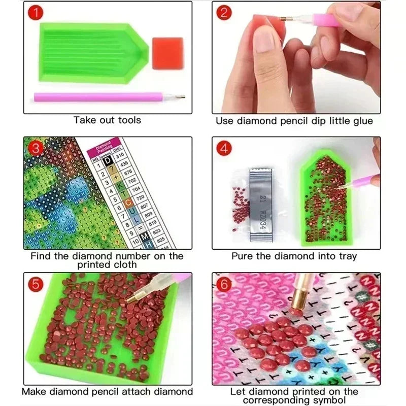A step-by-step guide showing how to make a diamond painting by using tools and glue on a cloth.