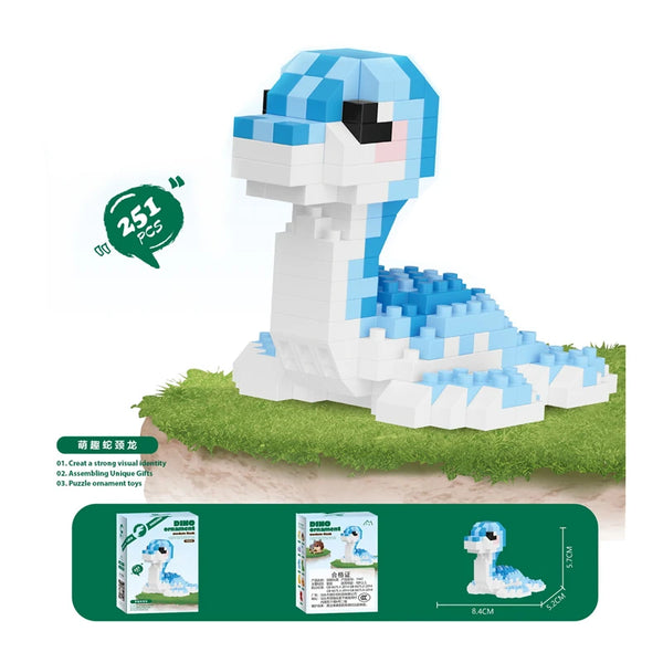 A white and blue Jurassic T-Rex micro building blocks set with 251 pieces displayed on a green surface.
