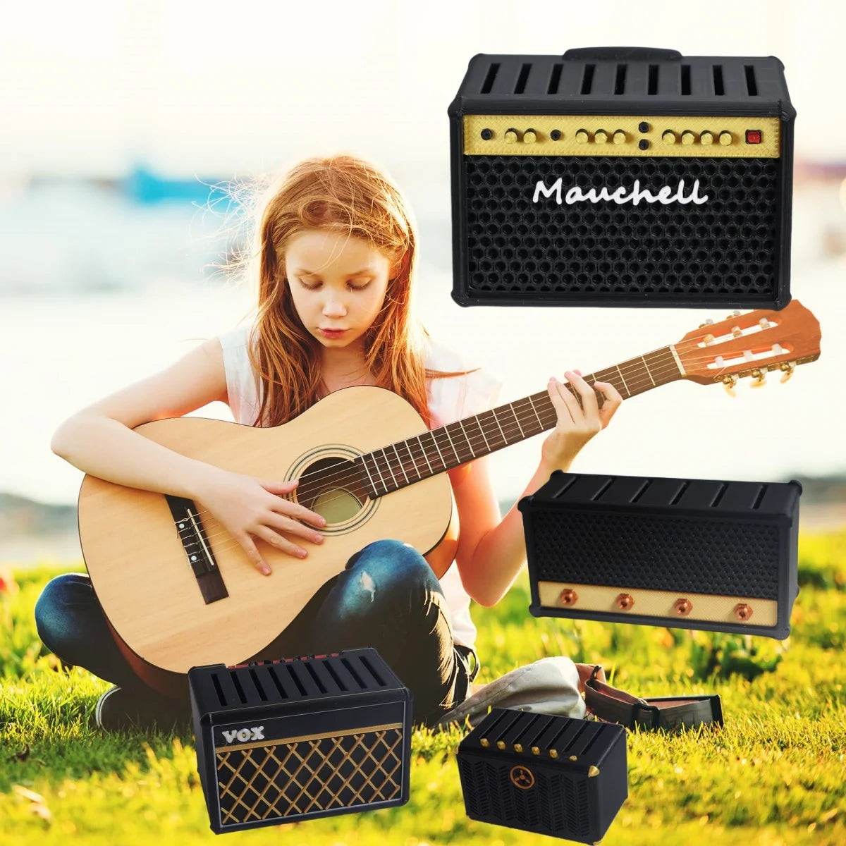 A young girl plays an acoustic guitar with several speaker-shaped guitar pick holders in the foreground.