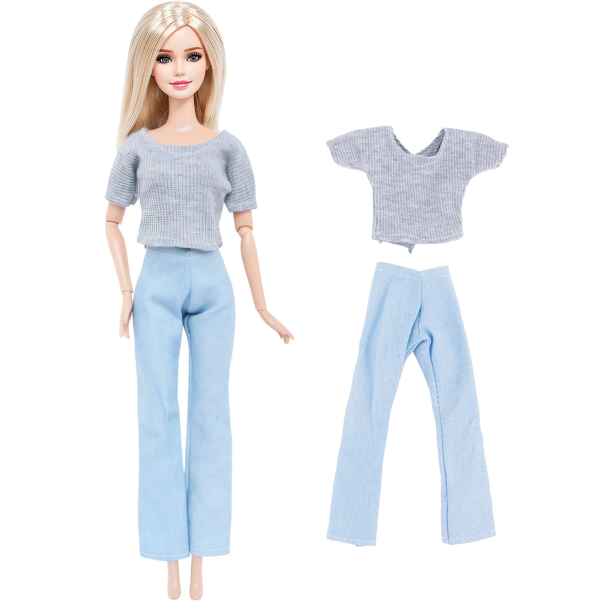 A fashion doll outfit set featuring a gray cropped top and light blue pants.