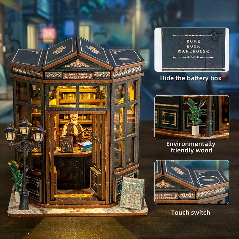 A wooden bookstore book nook kit featuring a diorama with an interior scene and a touch switch for operation.