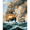 A dramatic painting of a large sailing ship battling rough seas under a stormy sky.