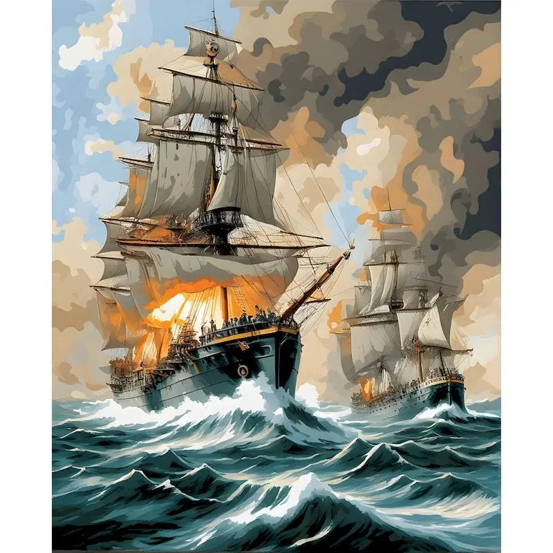 A dramatic painting of a large sailing ship battling rough seas under a stormy sky.
