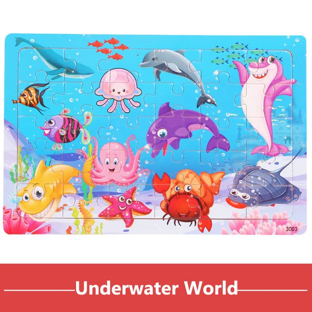 A colorful wooden jigsaw puzzle featuring various sea animals like dolphins, fish, and sea creatures.
