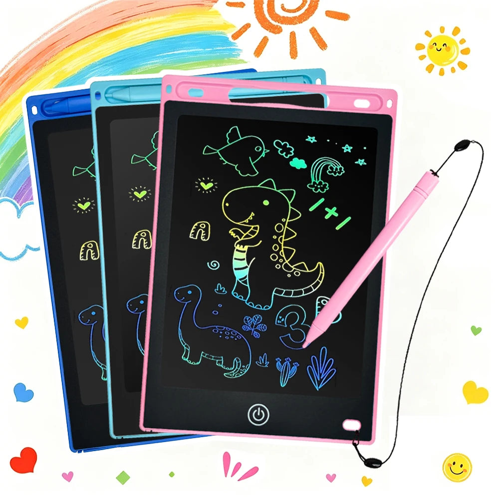 A pink 8.5-inch LCD writing tablet for kids with a stylus pen is shown next to a blue tablet and a rainbow background.