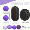 A set of magnetic sensory fidget balls in various purple and white silicone shells shown with their dimensions.