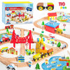 A wooden train set featuring various trains, city scenes, and magnetic trains for children's play.