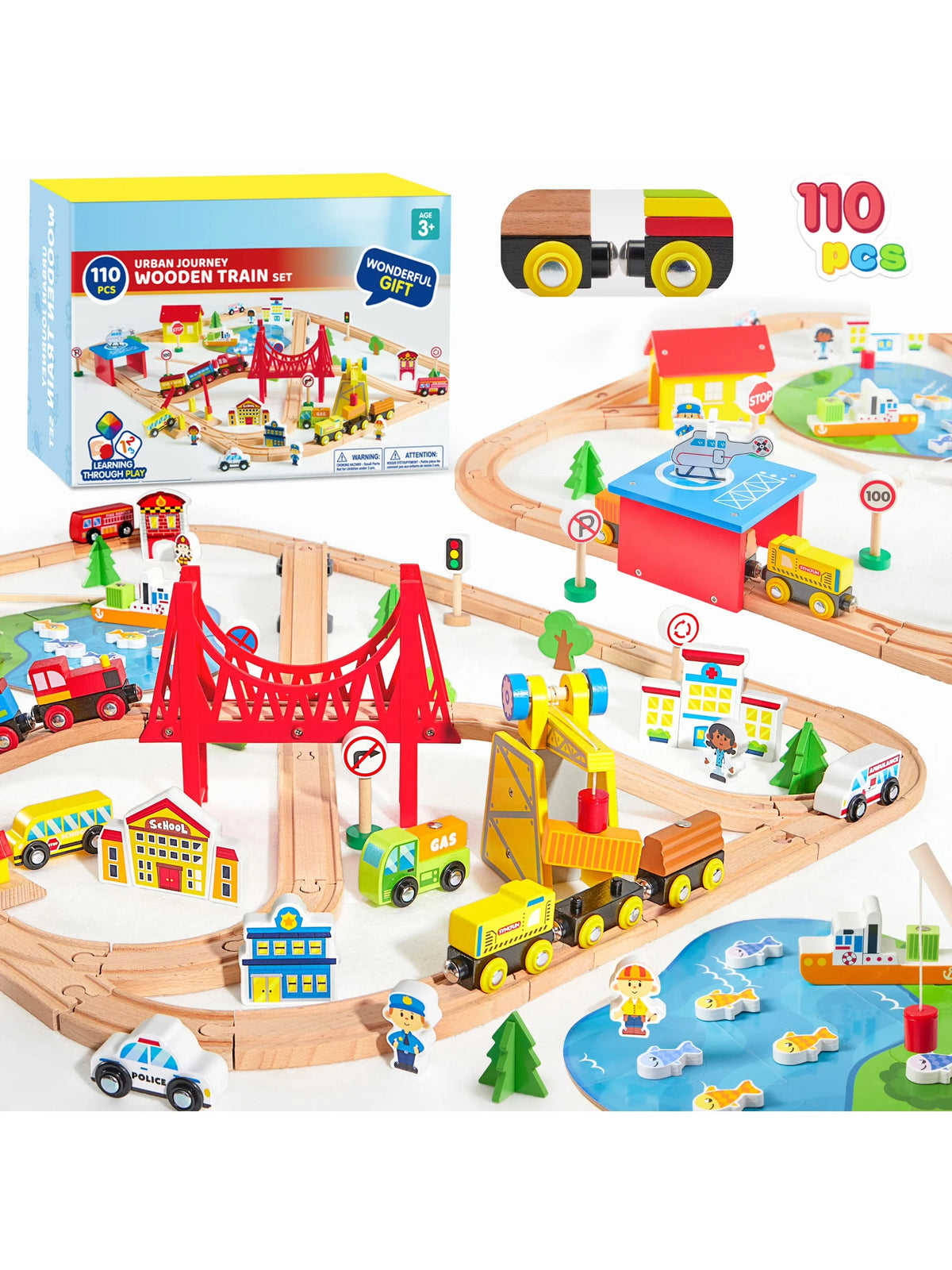 A wooden train set featuring various trains, city scenes, and magnetic trains for children's play.