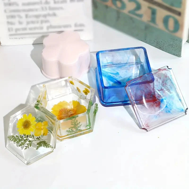 3-Piece Silicone Resin Mold Set with Lids — Heart, Hexagon & Flower Shapes