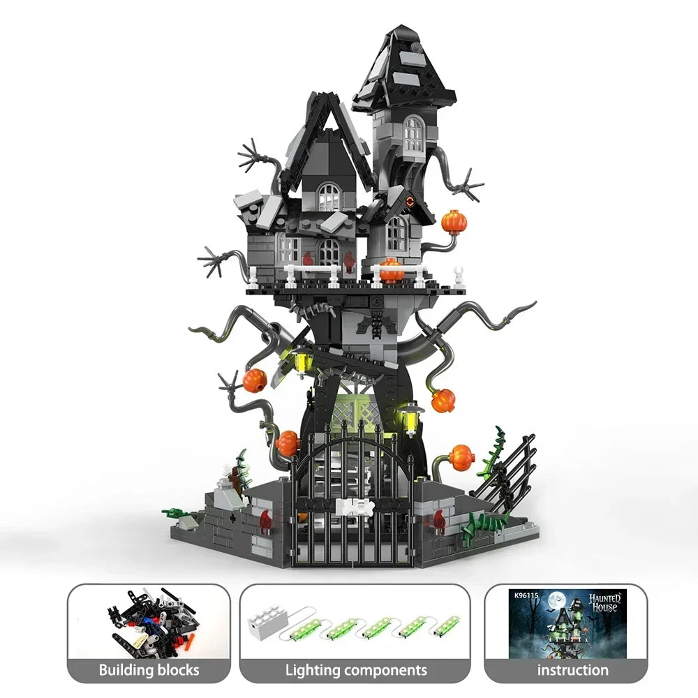 A detailed LEGO building set depicting a gothic skeleton hand and rose cross structure.