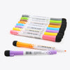 A set of magnetic dry-erase whiteboard markers in various colors, including yellow, green, and pink, arranged horizontally.