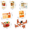 A set of dollhouse furniture including a mini kitchen and living room playset with various wooden pieces.