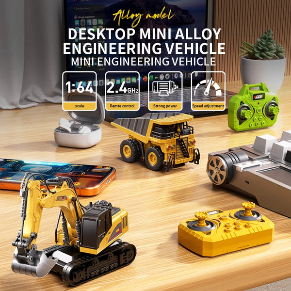 A yellow 1:64 remote control engineering vehicle featuring a crane and forklift with a trailer on a wooden surface.