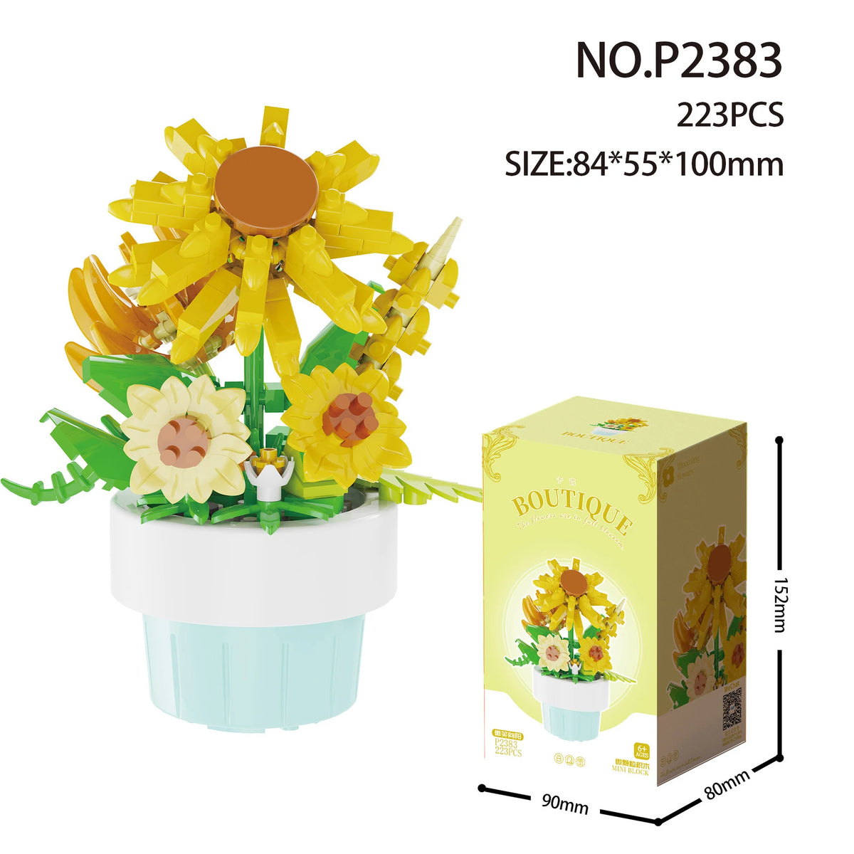 A set of 223 miniature yellow and green flower bouquets made from building blocks.
