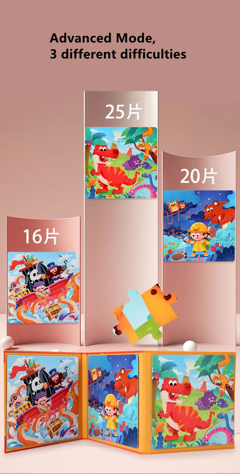A set of three difficulty levels of magnetic puzzle books featuring vehicle, ocean, and dinosaur themes.