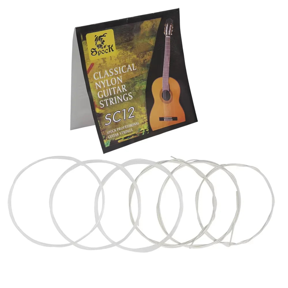 A set of classical nylon guitar strings with clear nylon and silver-plated copper wound strings.