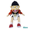 A realistic plush hand puppet featuring a man with glasses, a black hat, and an orange jacket.