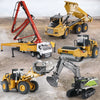 A collection of yellow and red die-cast toy excavators and construction vehicles shown in various angles.
