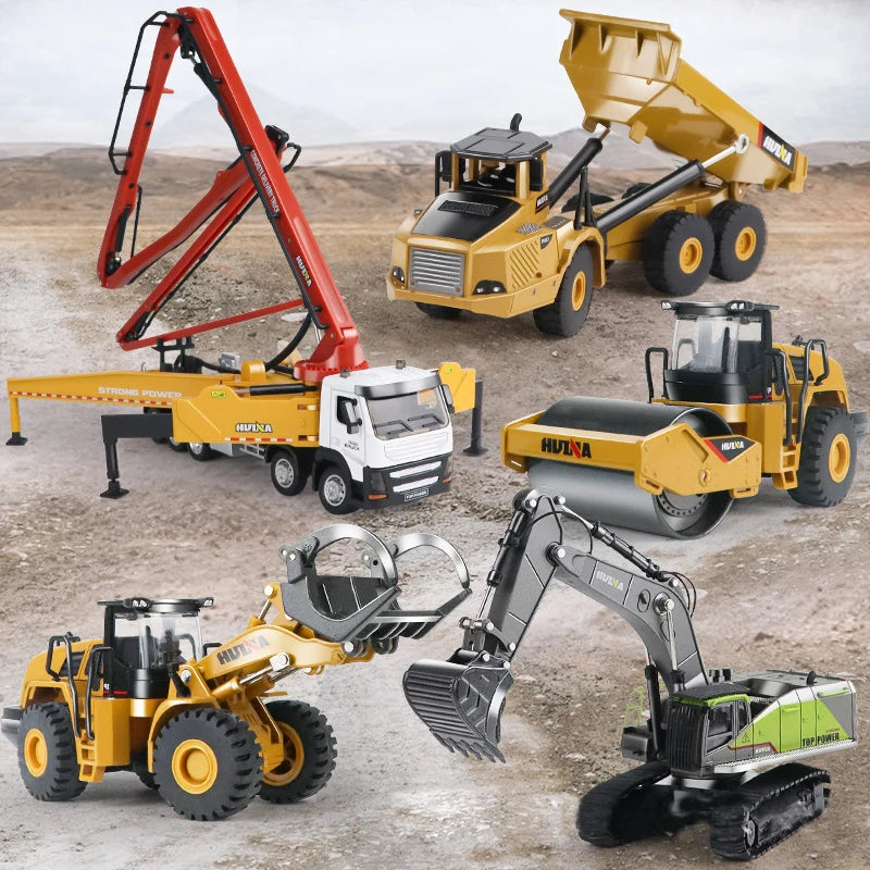 A collection of yellow and red die-cast toy excavators and construction vehicles shown in various angles.