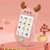 A pink baby phone toy shaped like a reindeer with antlers and a keypad, resting on a light pink surface.