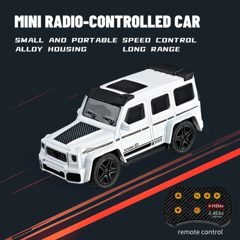 A white mini radio-controlled car with black accents is shown on a dark background next to its remote control.