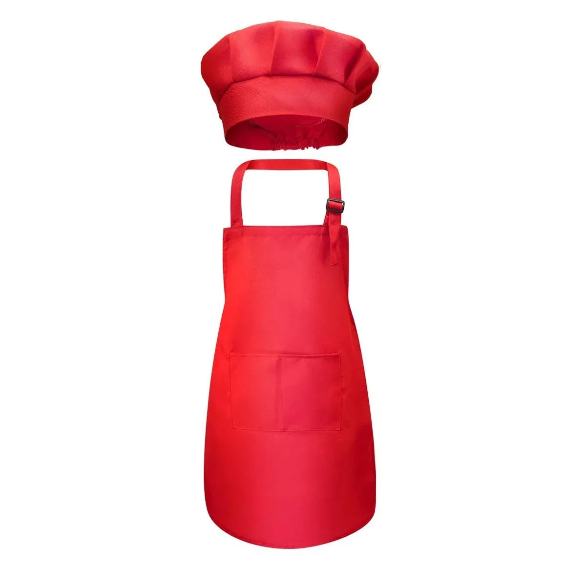 A bright red kids chef apron and hat set displayed against a white background.