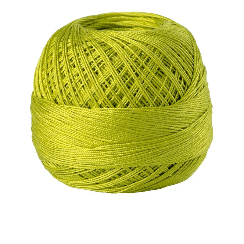 A ball of bright lime green crochet thread used for tatting and embroidery.