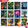 A collection of vibrant landscape paintings created by numbers, featuring trees, nature scenes, and colorful foliage.