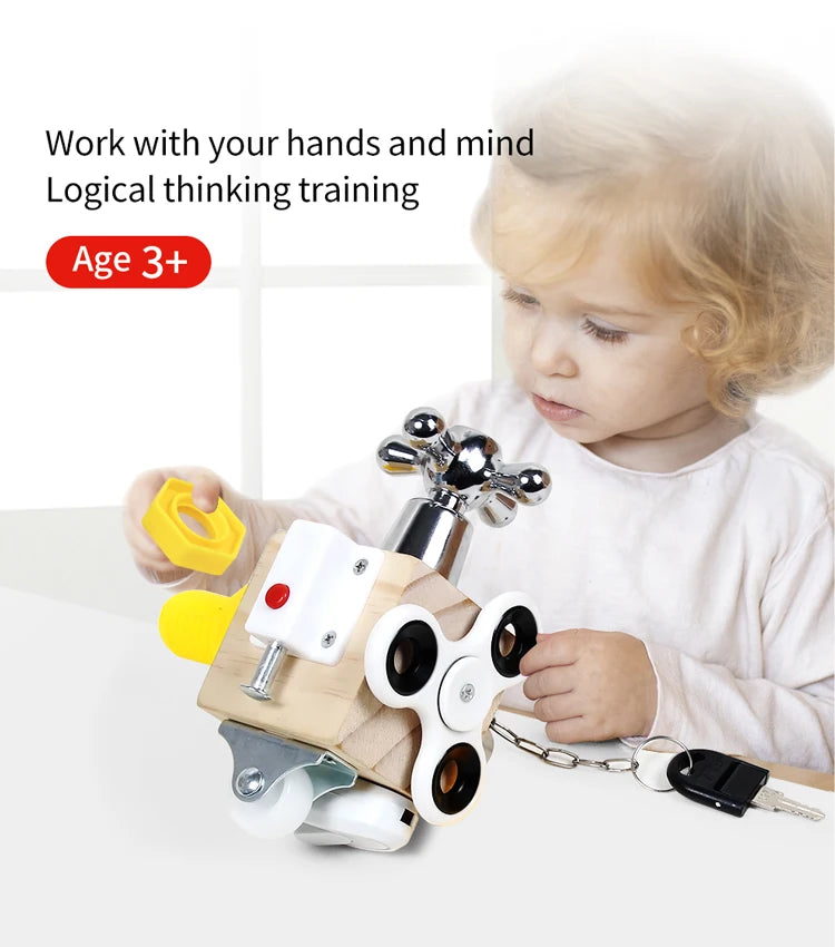 A toddler is playing with a wooden busy cube toy that features a faucet and a lock, designed for logical thinking training.