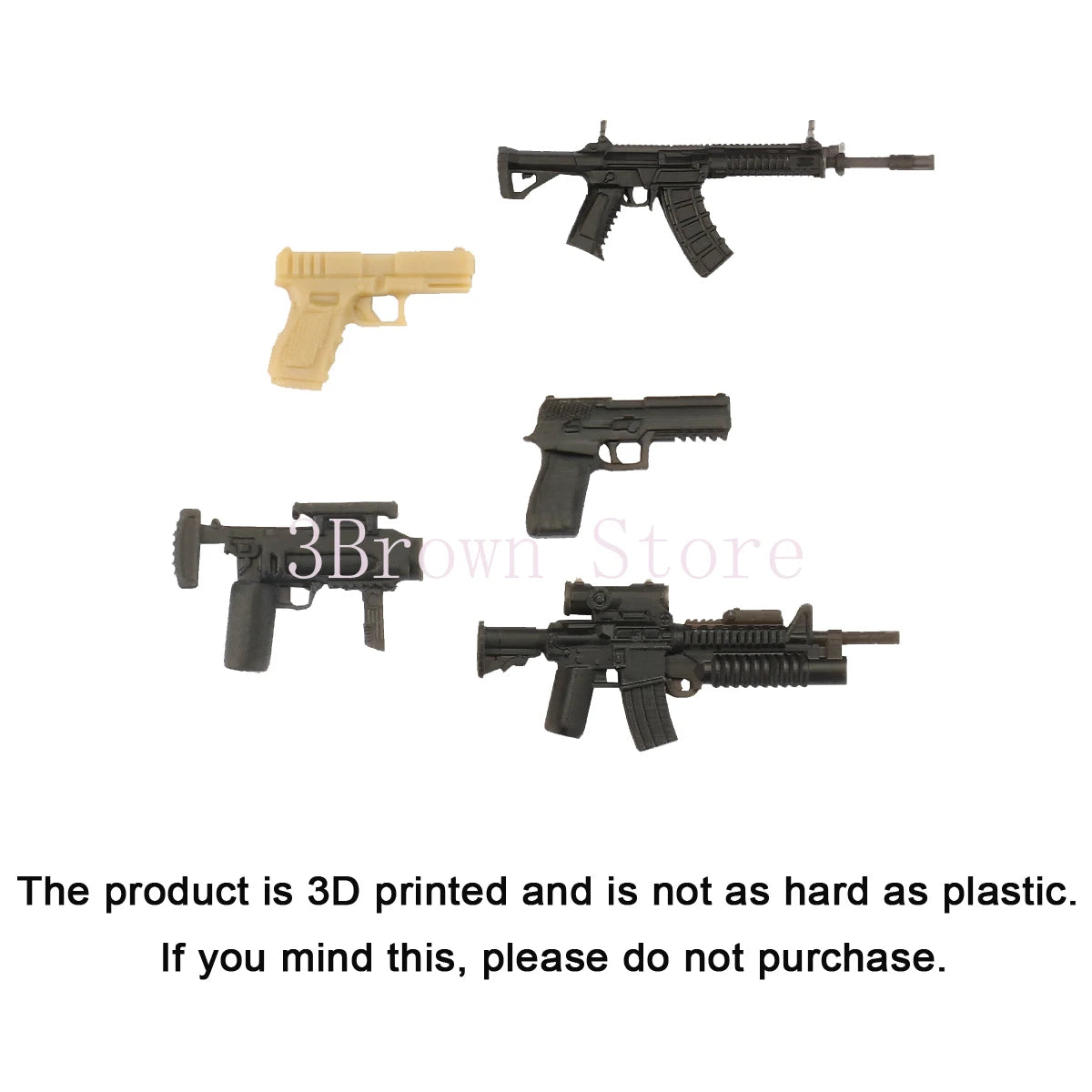 A set of 3D printed gun and helmet accessories including an assault rifle, pistol, and various components.
