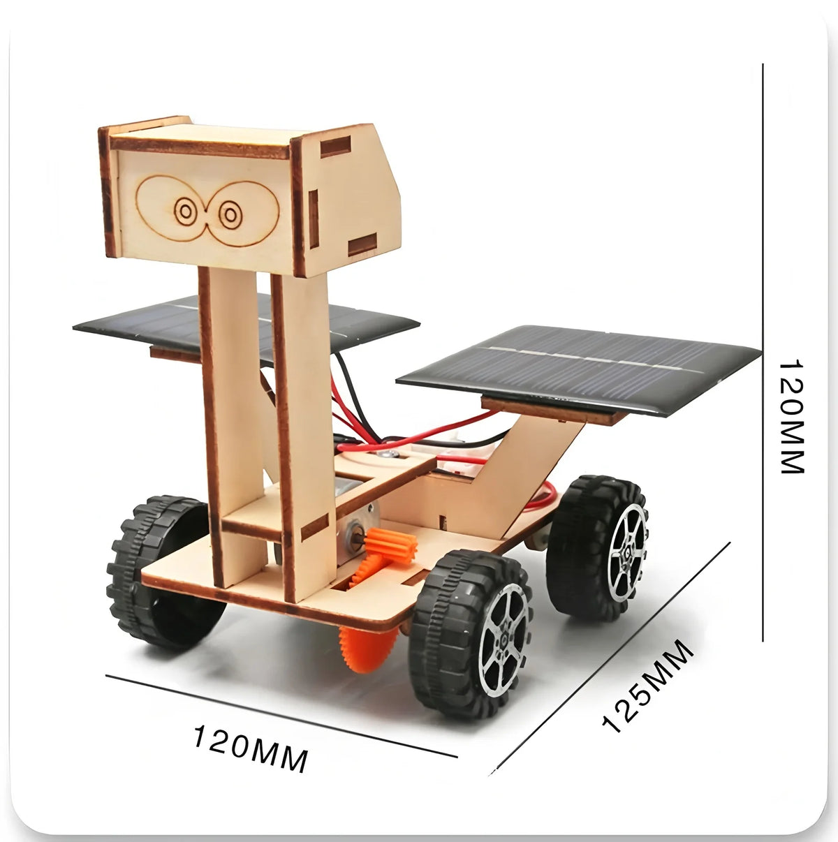 A wooden model kit of a solar-powered lunar rover featuring a chassis, wheels, and body structure.