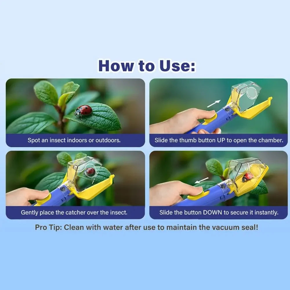 Diagram showing how to use a handheld insect catcher by spotting an insect and sliding the thumb button to open the chamber.