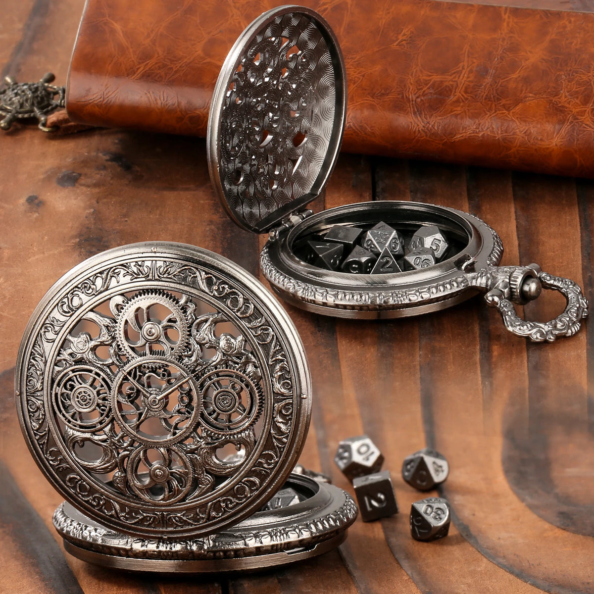 Vintage Pocket Watch Style Dice Set with 7 Polyhedral Metal Dice