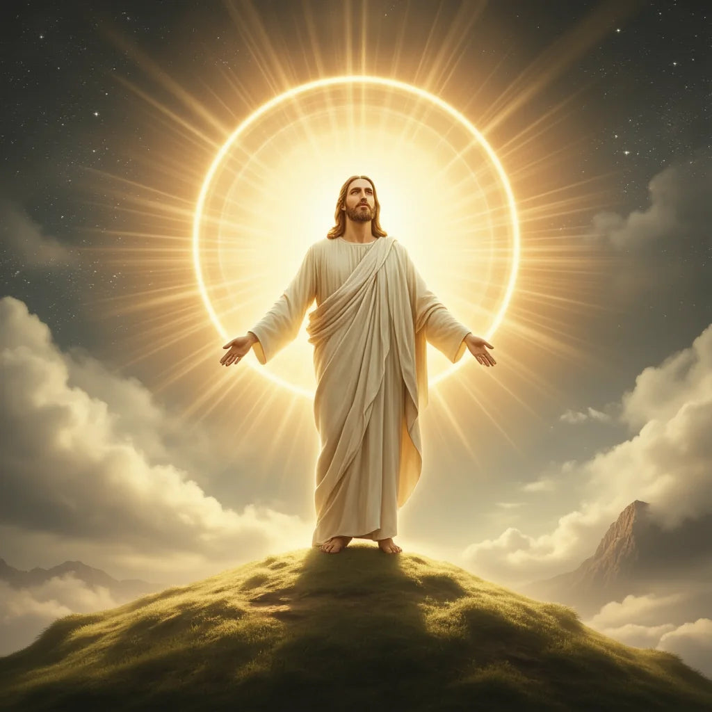 A depiction of Jesus with radiating light standing on a grassy hill against a cloudy sky.