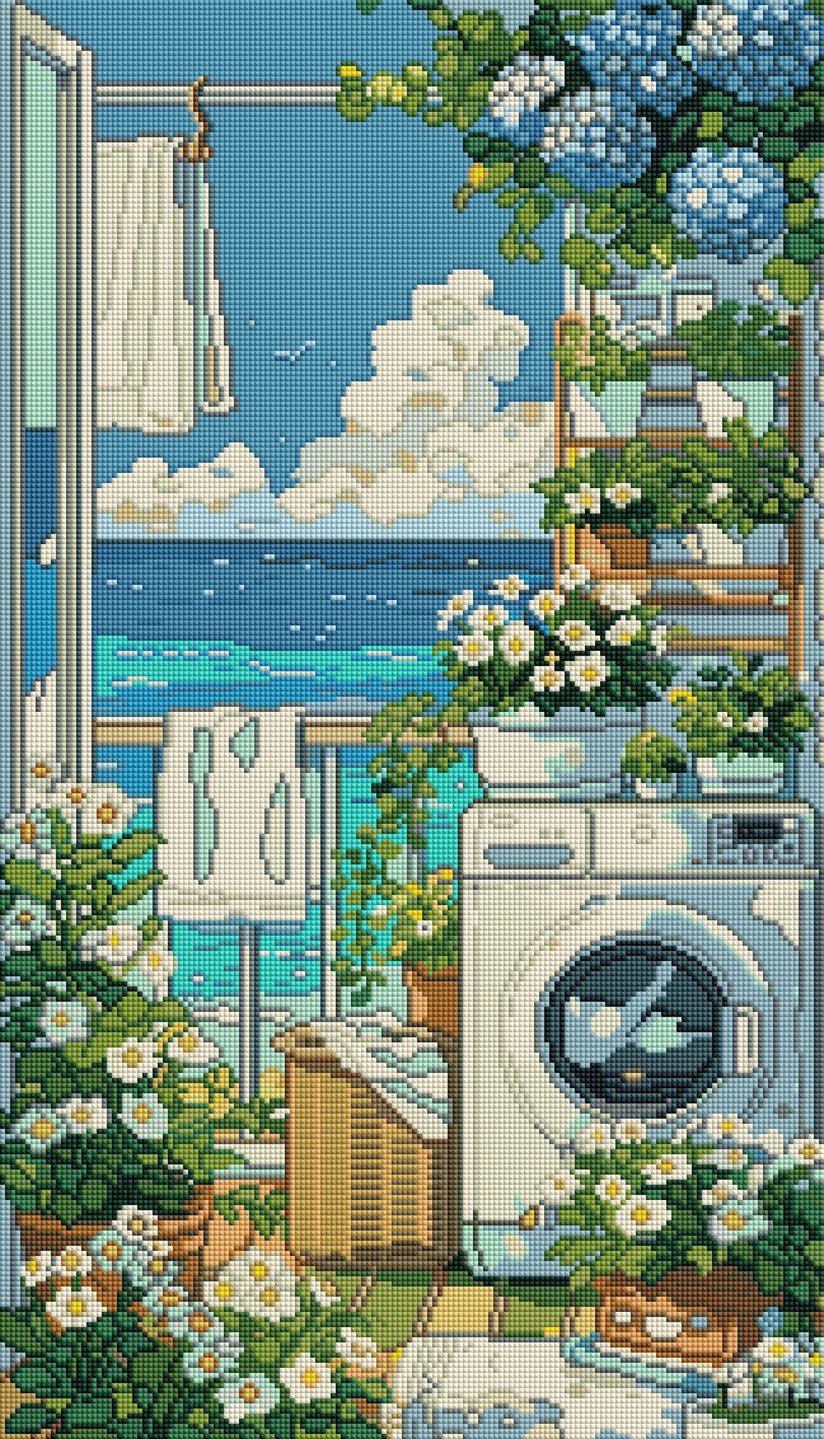 A diamond painting kit featuring a seaside scene with lush greenery, flowers, and laundry hanging by a window.