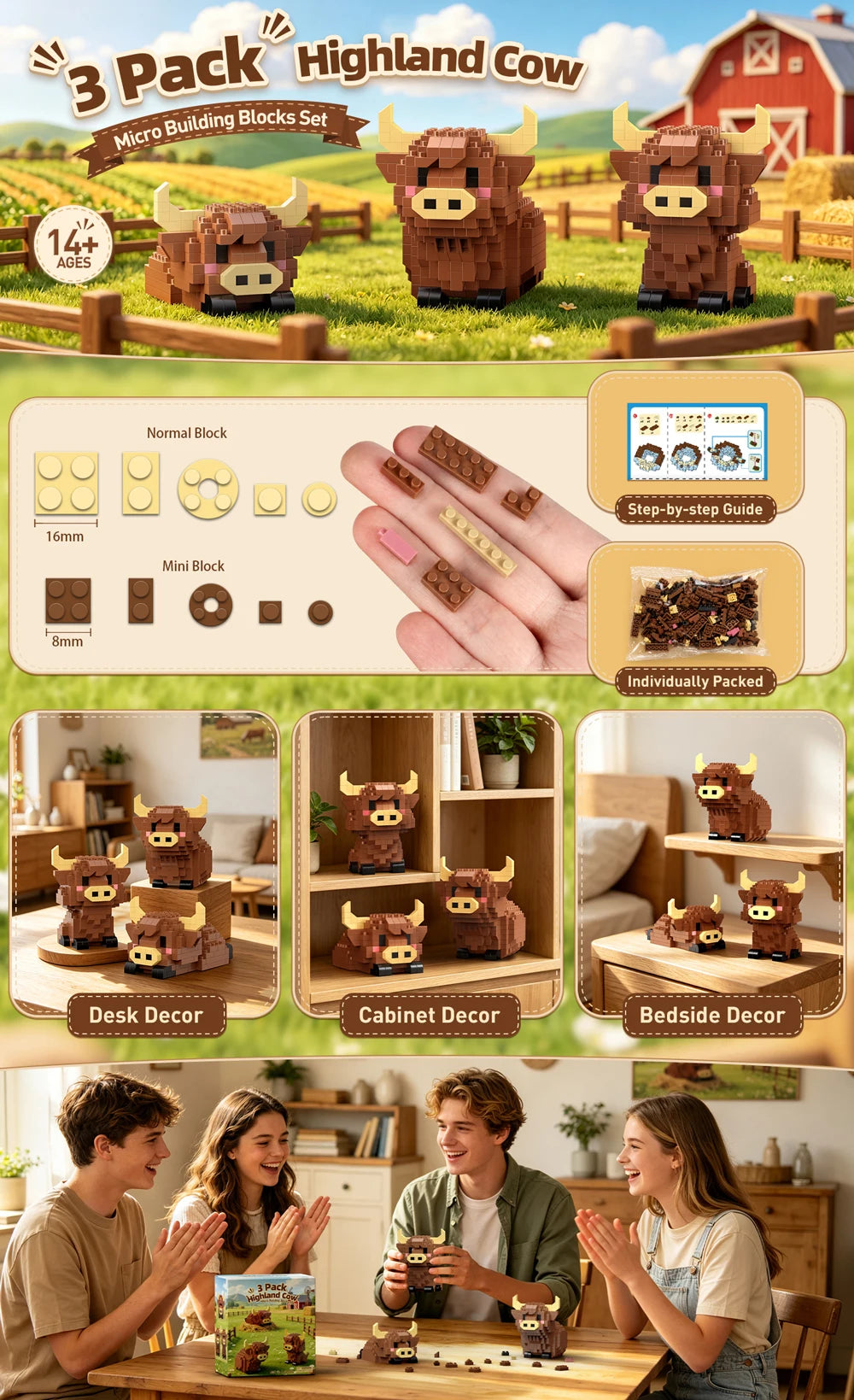 Highland Cow Mini Building Blocks Set - 3 in 1 Animal Model Kit