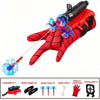 A set of superhero launcher wrist toys featuring a red glove, suction cup darts, and a black blaster.