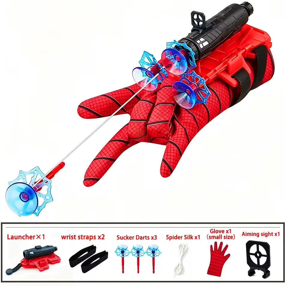 A set of superhero launcher wrist toys featuring a red glove, suction cup darts, and a black blaster.