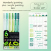 A set of six vibrant acrylic gel pens in various shades of green and yellow for painting and lettering.