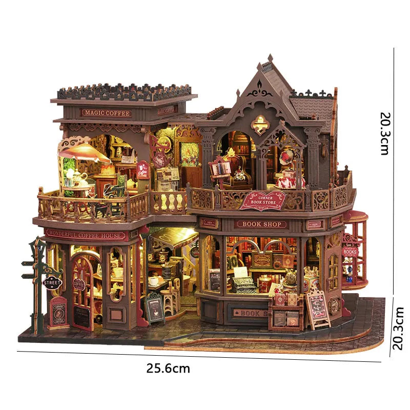 A detailed wooden miniature castle dollhouse kit featuring a magic coffee shop and book shop with furniture and LED lights.