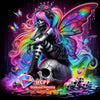 A vibrant illustration of a skull with pink hair and large butterfly wings, featuring detailed diamond painting designs.