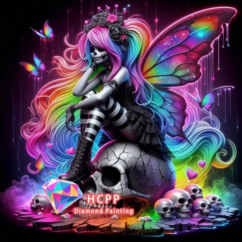A vibrant illustration of a skull with pink hair and large butterfly wings, featuring detailed diamond painting designs.
