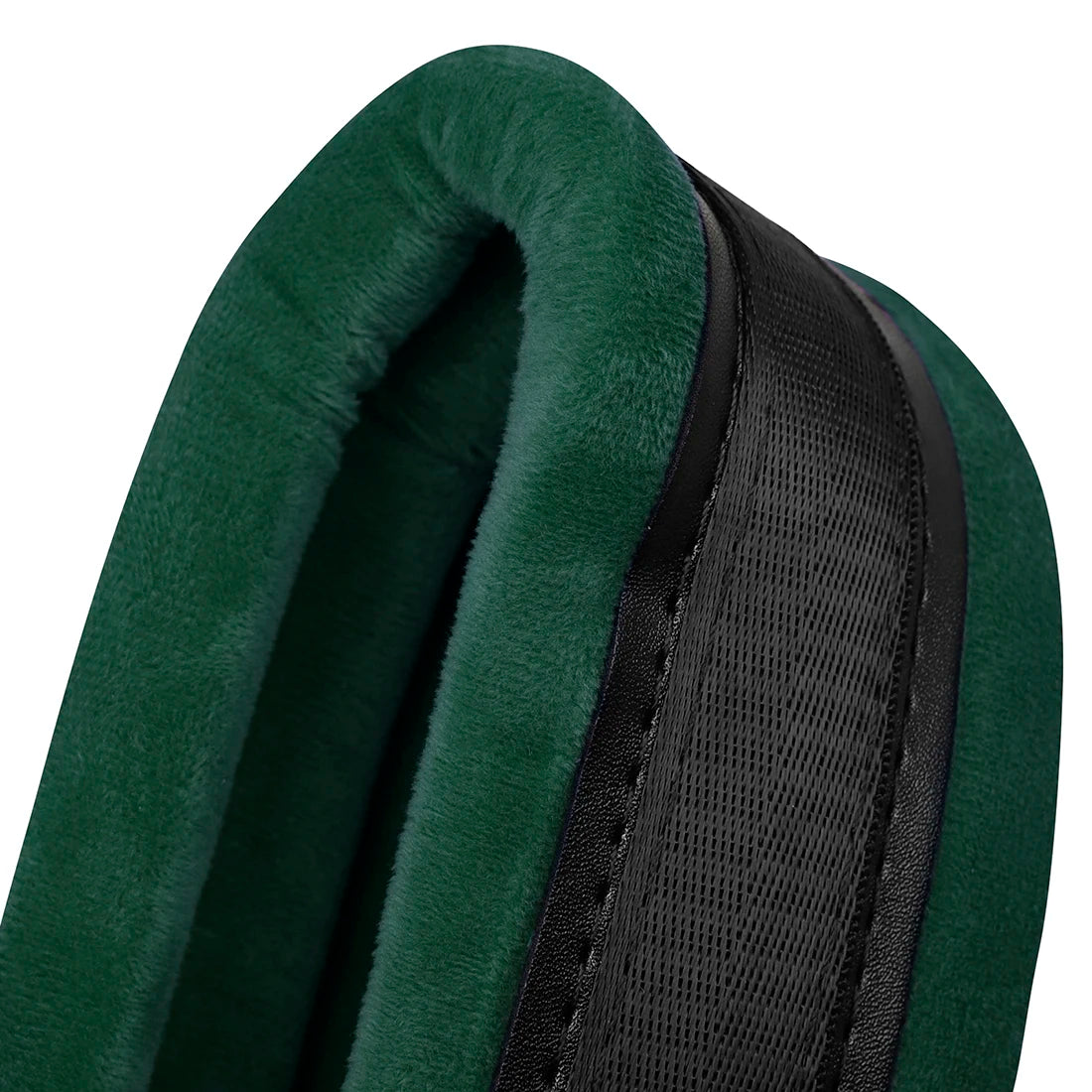 A close-up of a dark green professional adjustable accordion strap with black accents.