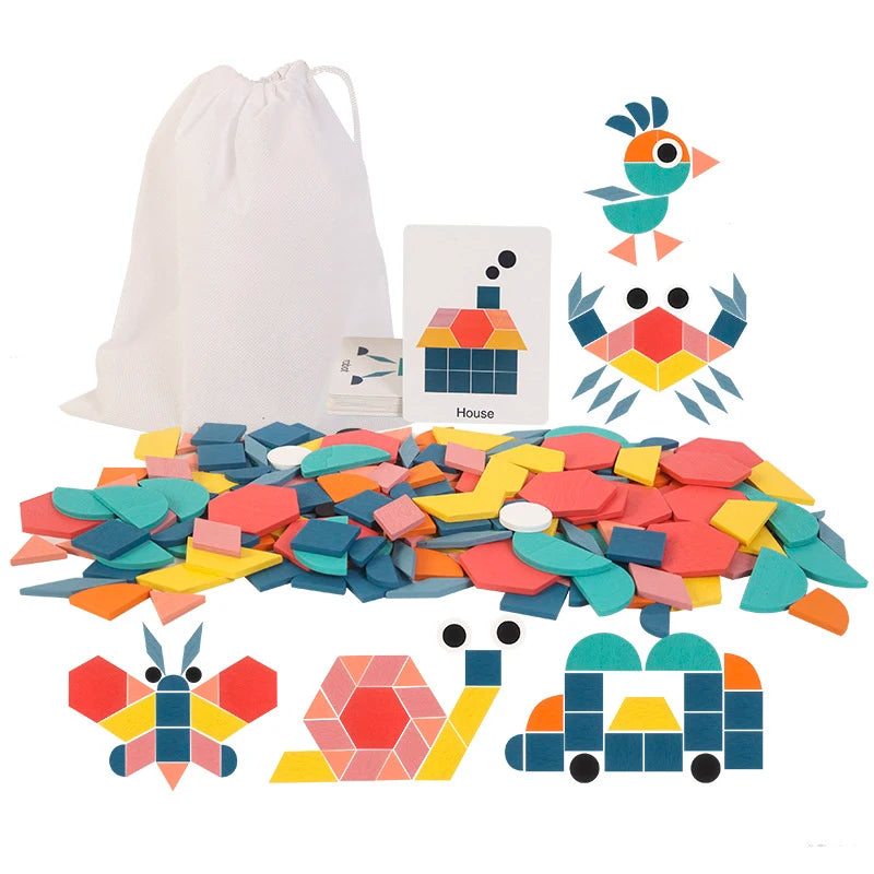 155-Piece Wooden Jigsaw Puzzle Set for Kids – Colorful Montessori Geometric Shapes Learning Toy