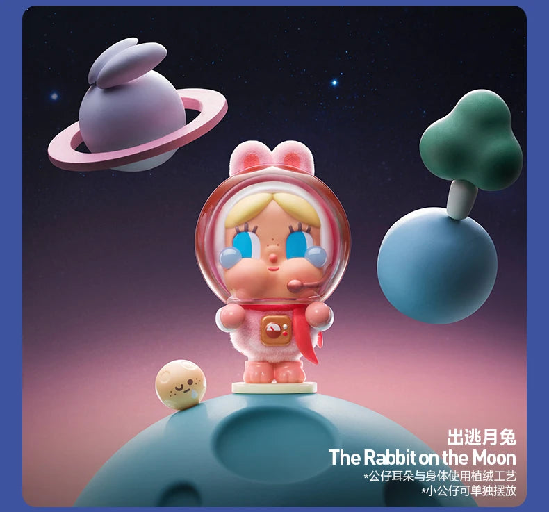 A collectible figurine of a rabbit character with pink and white features floating above a blue spherical base against a dark
